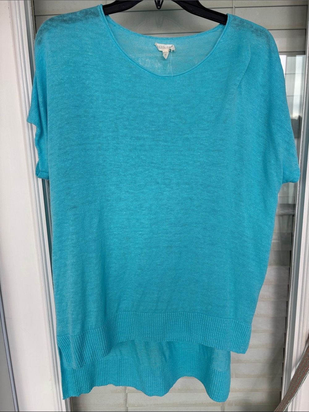 Eileen Fisher Turquoise Short-Sleeve Knit linen Tunic fits like small
